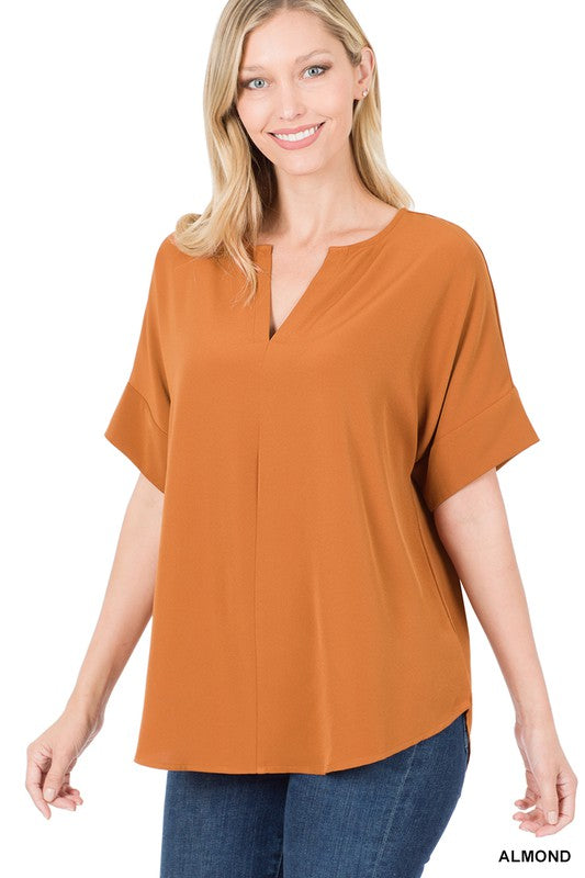 Heavy Woven Span Split Neck Short Sleeve Top - Zenana