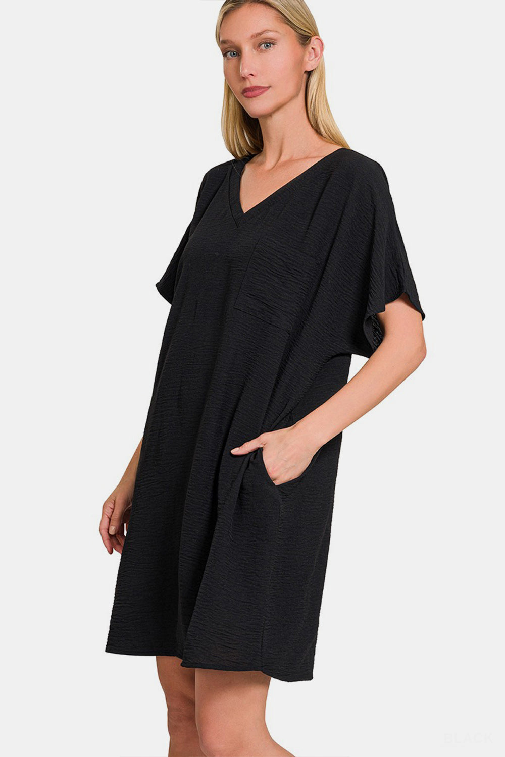 Zenana V-Neck Tee Dress with Pockets - Black