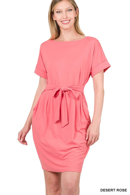 Brushed DTY Tie-Belt Dress - Zenana