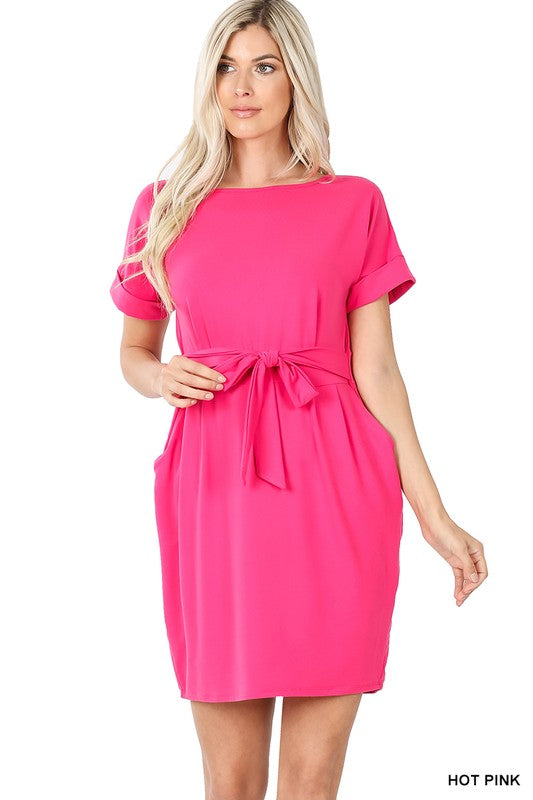 Brushed DTY Tie-Belt Dress - Zenana