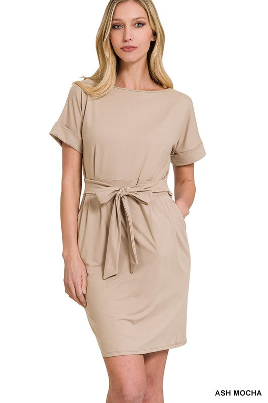 Brushed DTY Tie-Belt Dress - Zenana