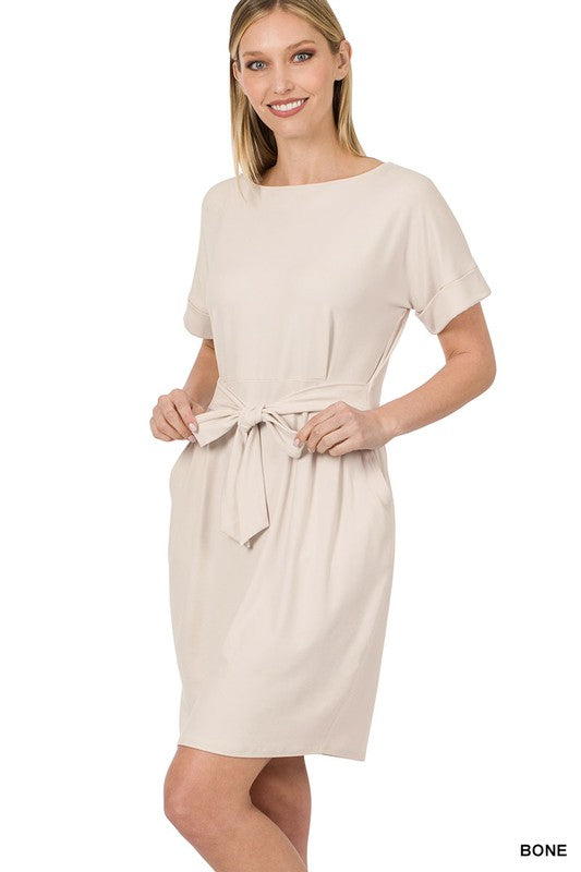 Brushed DTY Tie-Belt Dress - Zenana