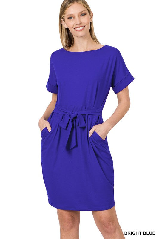 Brushed DTY Tie-Belt Dress - Zenana