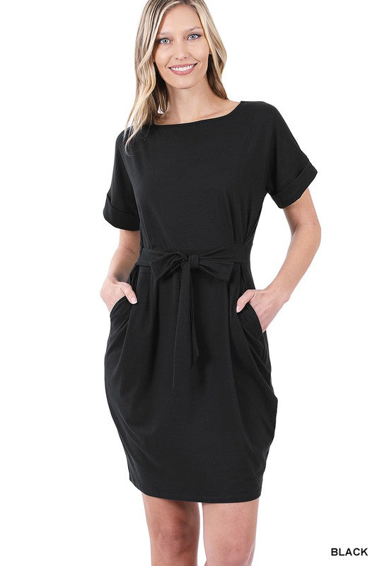 Brushed DTY Tie-Belt Dress - Zenana