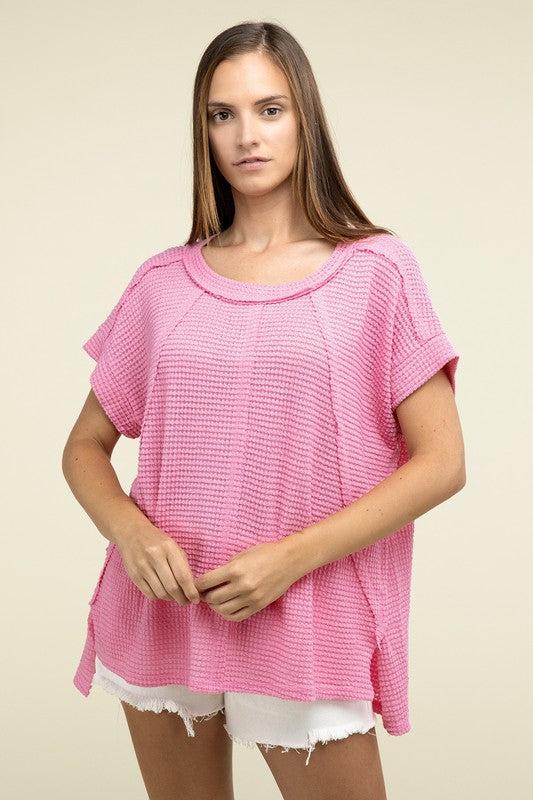 Brushed Waffle Exposed-Seam Short Sleeve Top - Zenana