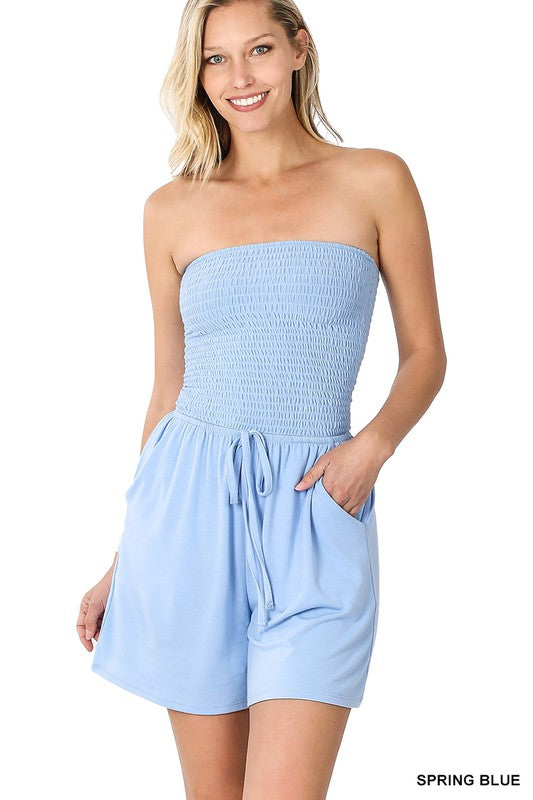 Smocked Tube Romper with Pockets - Zenana