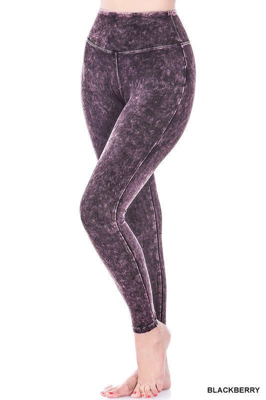 Mineral Washed Wide Waistband Yoga Leggings - Zenana