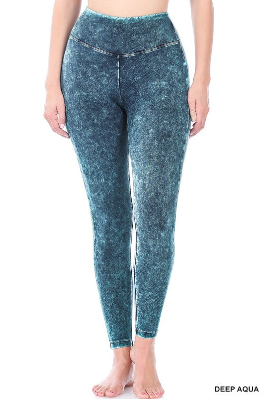 Mineral Washed Wide Waistband Yoga Leggings - Zenana