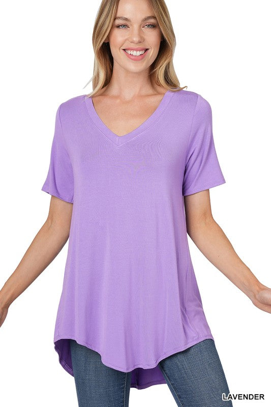 Luxe Rayon Short Sleeve V-Neck Hi-Low Hem Top - Zenana