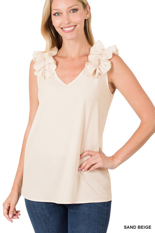 Woven Wool Dobby Ruffle Trim Sleeveless Top - Zenana