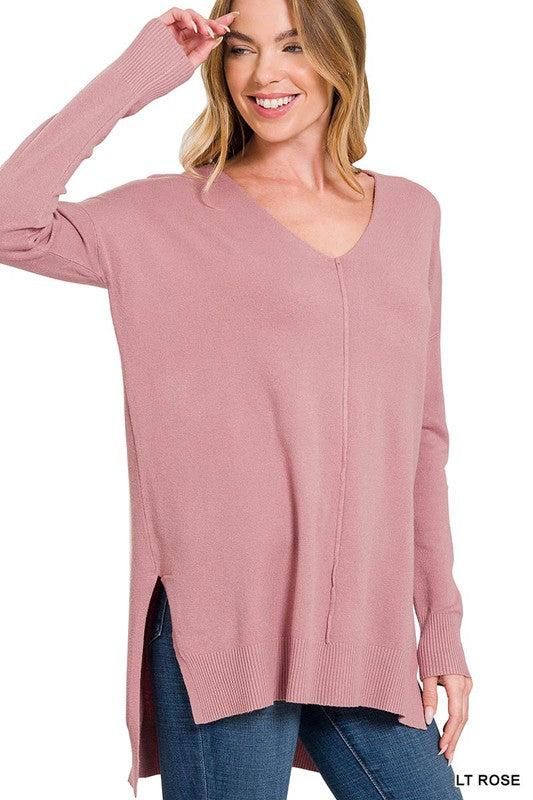 Hi-Low Hem V-Neck Center Seam Sweater - Zenana