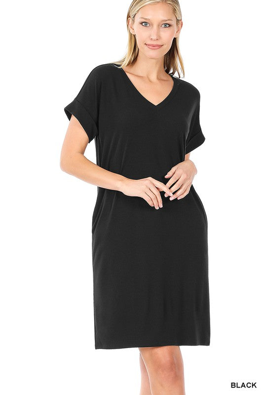 Rolled Short Sleeve V-Neck Dress - Zenana