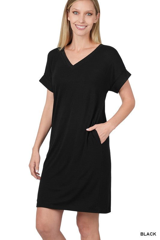 Rolled Short Sleeve V-Neck Dress - Zenana
