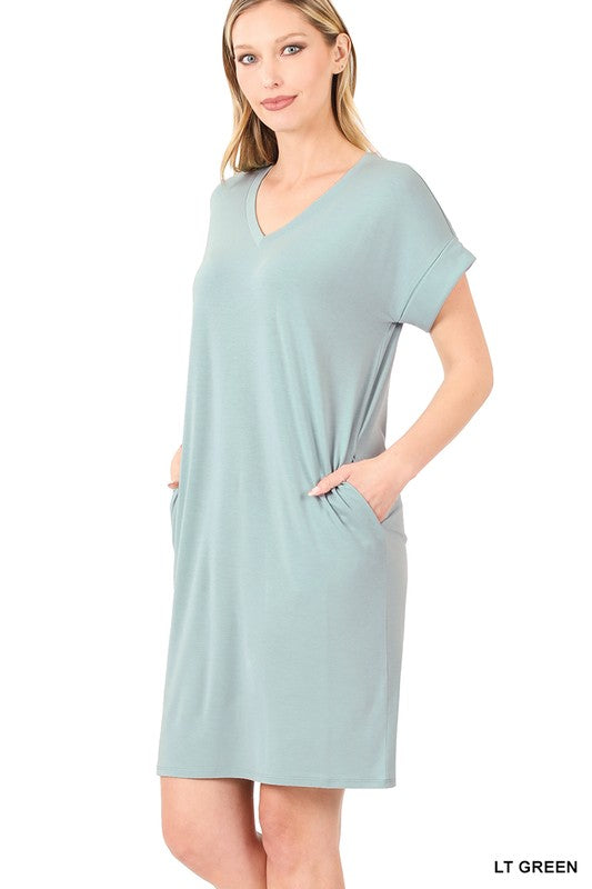 Rolled Short Sleeve V-Neck Dress - Zenana