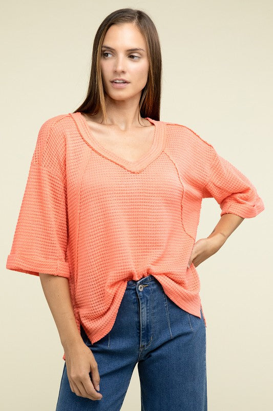 Brushed Waffle Exposed-Seam 3/4 Sleeve Top - Zenana