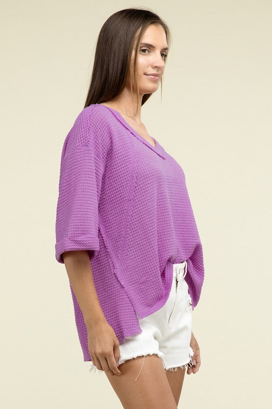 Brushed Waffle Exposed-Seam 3/4 Sleeve Top - Zenana