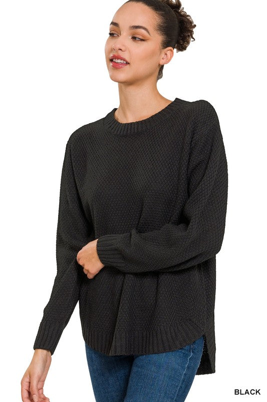 Hi-Low Long Sleeve Round Neck Sweater - Zenana