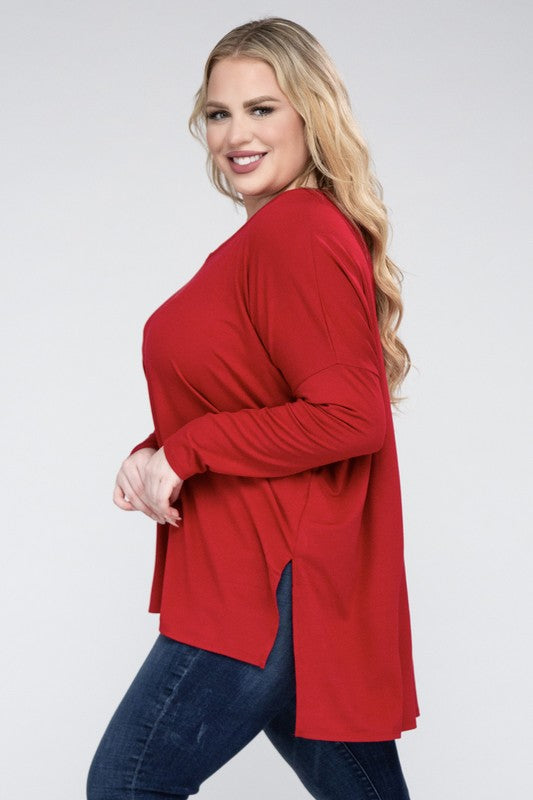 Plus Dolman Sleeve V-Neck Side Slit Hi-Low Hem Top - Zenana