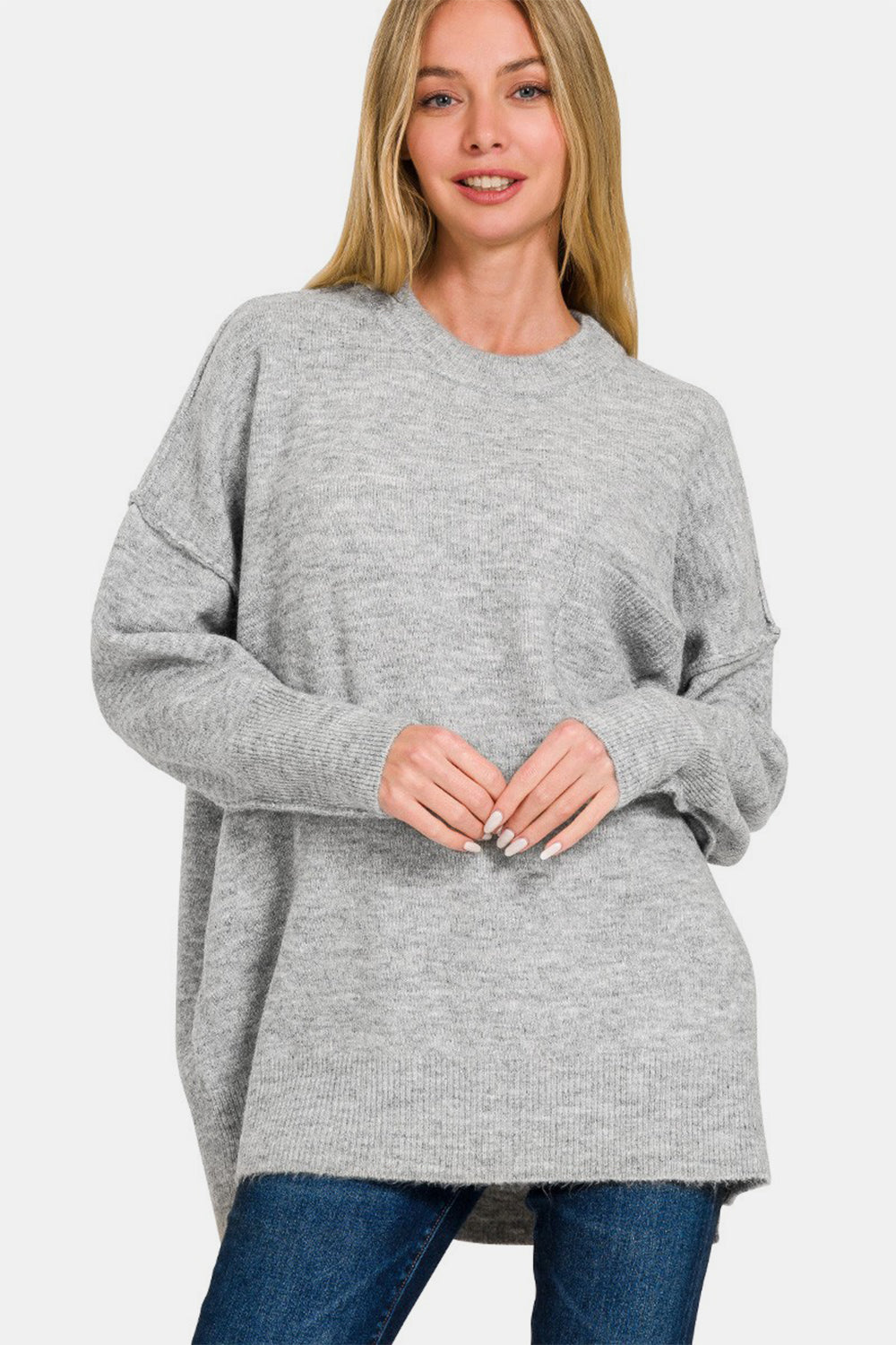 Zenana High-Low Hem Drop Shoulder Sweater - Grey