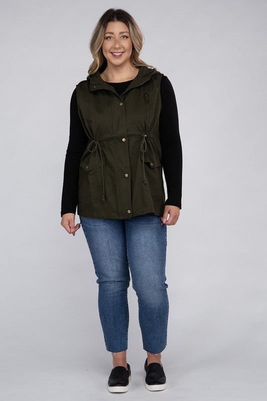 Plus Drawstring Waist Military Hoodie Vest - Zenana