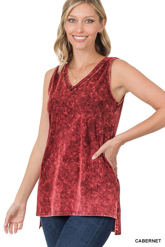 Mineral Wash Sleeveless V-Neck Top With Side Slit - Zenana