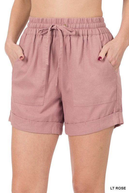 Linen Drawstring-Waist Shorts with Pockets - Zenana