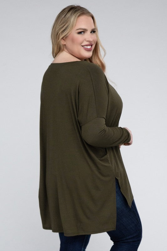 Plus Dolman Sleeve V-Neck Side Slit Hi-Low Hem Top - Zenana