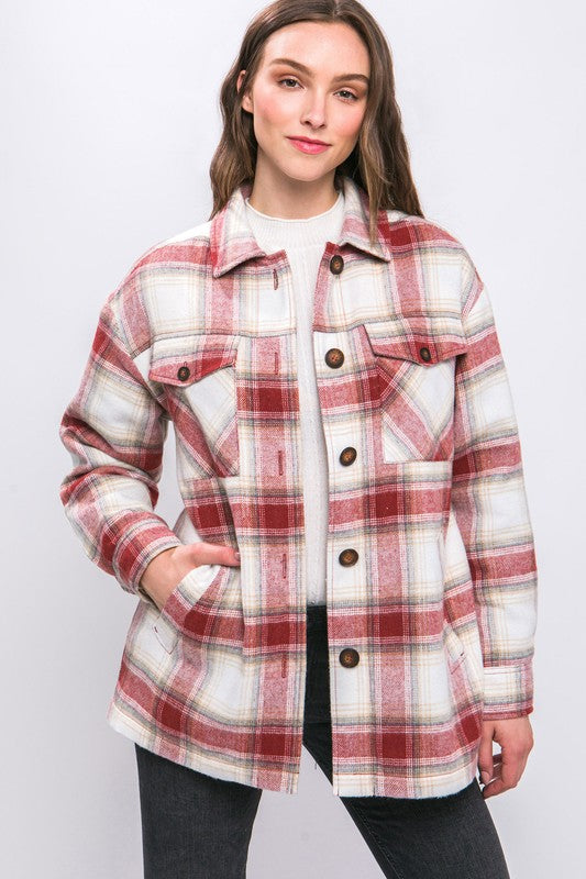 Plaid Button Up Jacket with Sherpa Lining - Love Tree