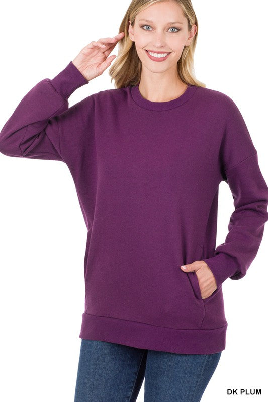 Long Sleeve Round Neck Sweatshirt Side Pockets - Zenana