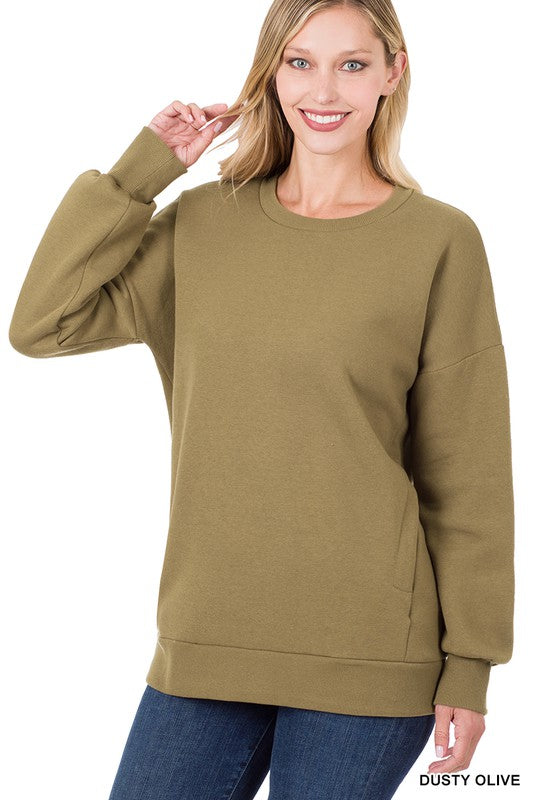 Long Sleeve Round Neck Sweatshirt Side Pockets - Zenana
