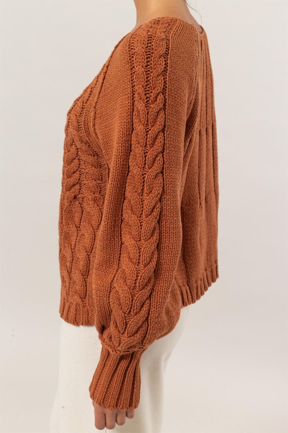 HYFVE Cable-Knit Round Neck Raglan Sleeve Sweater - Rust