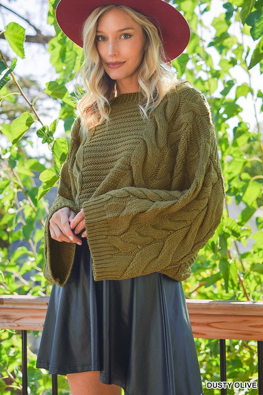 Oversized Bell Sleeve Cable Knit Sweater - Zenana