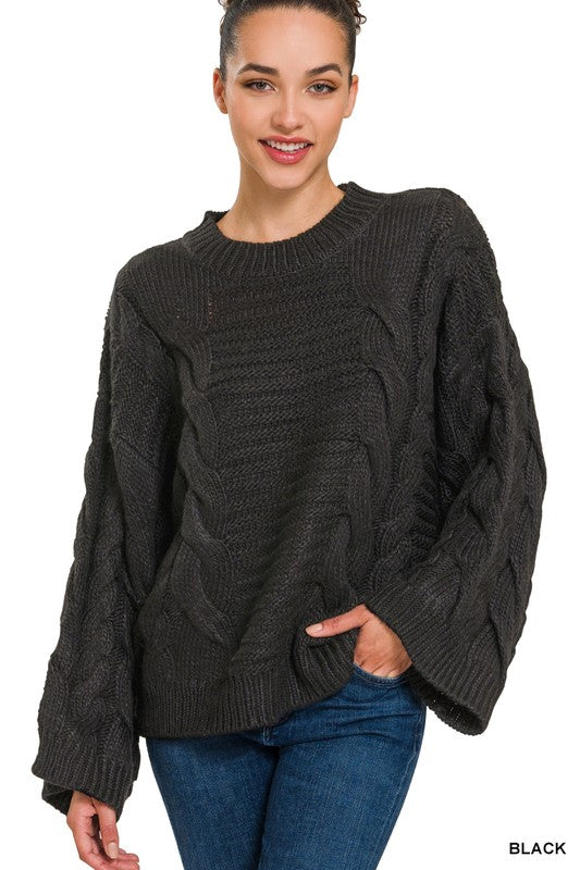 Oversized Bell Sleeve Cable Knit Sweater - Zenana