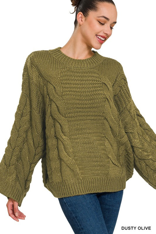 Oversized Bell Sleeve Cable Knit Sweater - Zenana