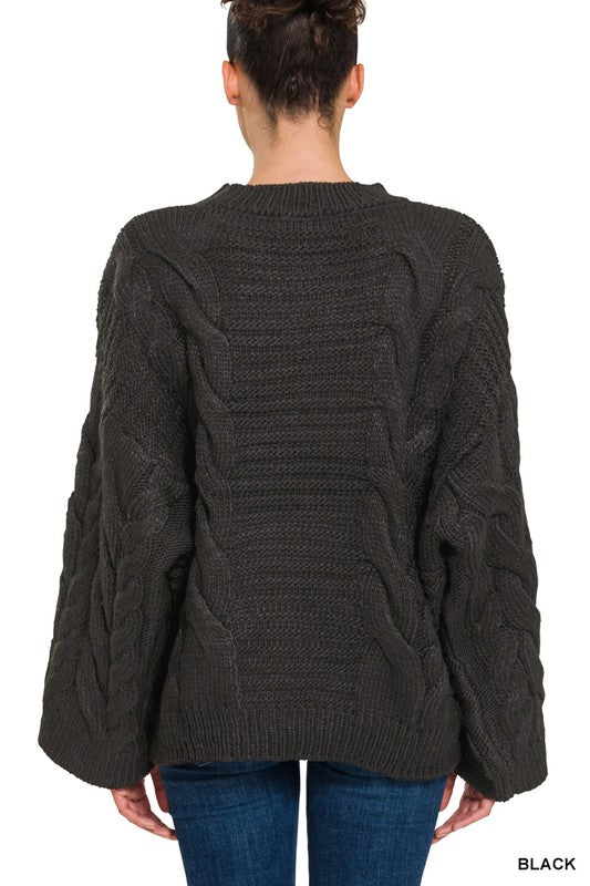 Oversized Bell Sleeve Cable Knit Sweater - Zenana