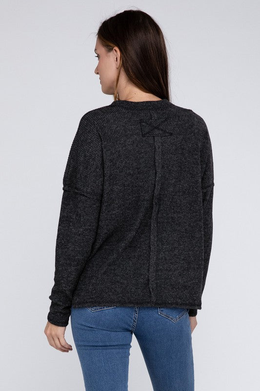 Ribbed Brushed Melange Hacci Sweater with a Pocket - Zenana