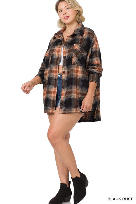 Plus Oversized Yarn Dyed Plaid Shacket - Zenana