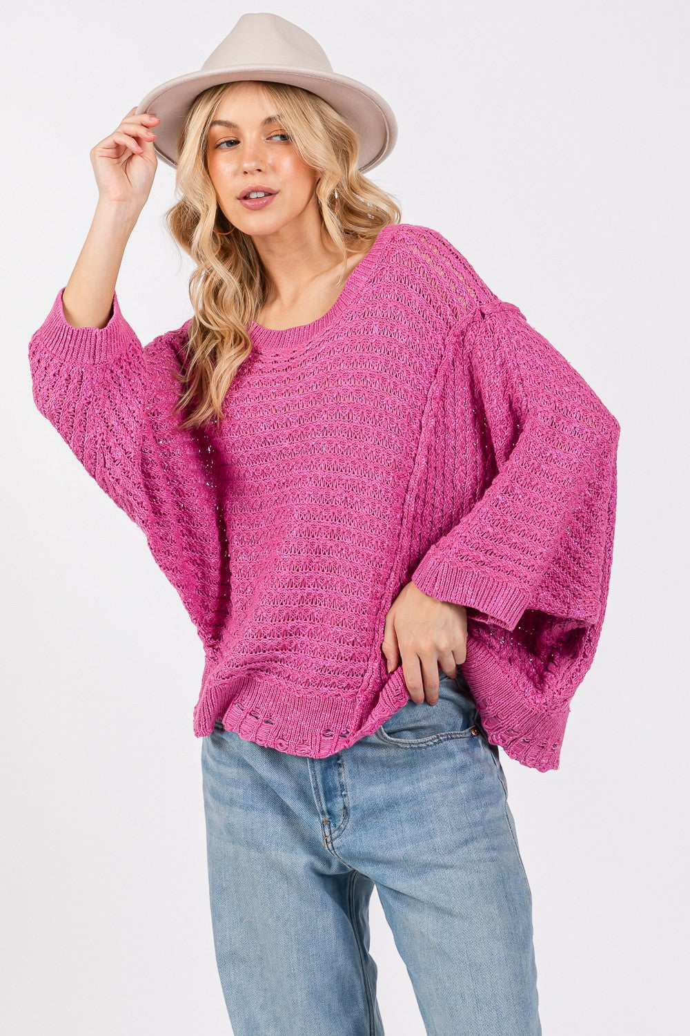 SAGE + FIG Distressed Asymmetrical Open Stitch Sweater - Magenta