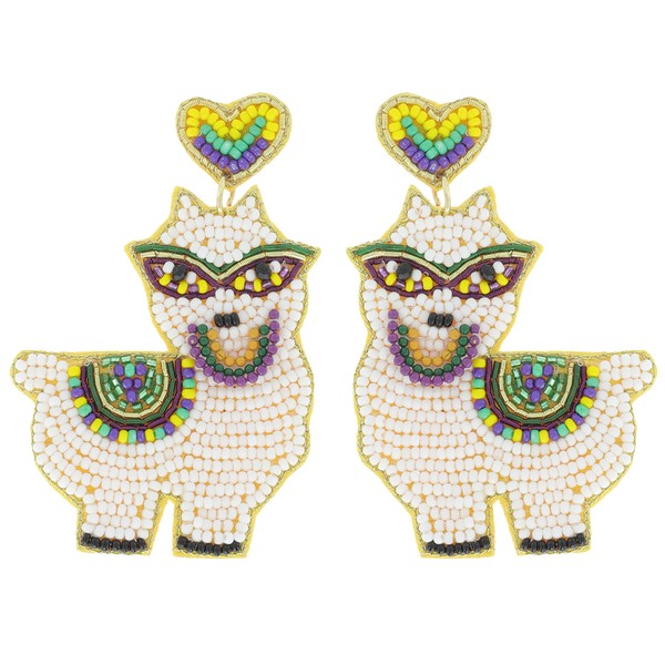 Mardi Gras Llama Seed Beaded Statement Earrings