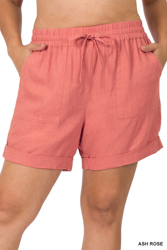 Plus Linen Drawstring-Waist Shorts with Pockets - Zenana