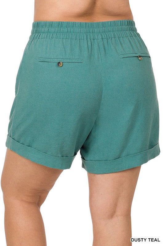Plus Linen Drawstring-Waist Shorts with Pockets - Zenana