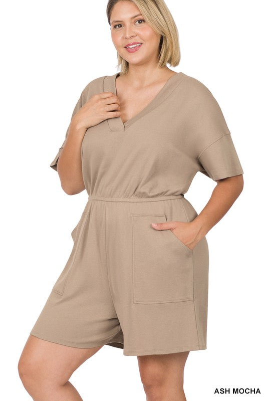 Plus Drop Shoulder V-Neck Romper with Pockets - Zenana