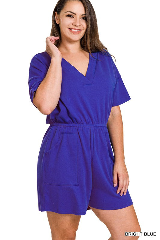 Plus Drop Shoulder V-Neck Romper with Pockets - Zenana