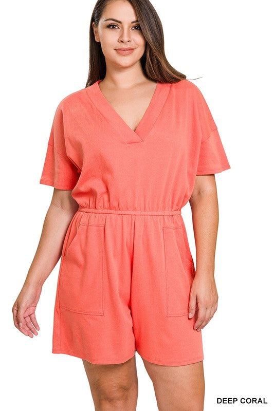 Plus Drop Shoulder V-Neck Romper with Pockets - Zenana