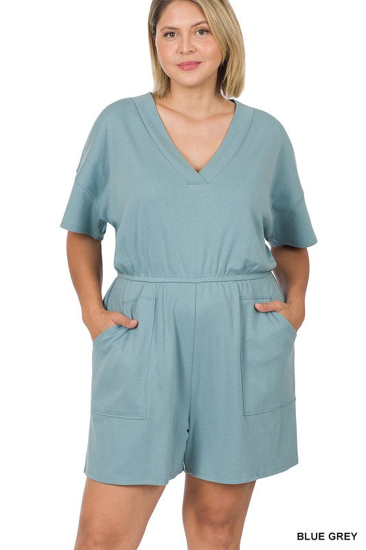 Plus Drop Shoulder V-Neck Romper with Pockets - Zenana