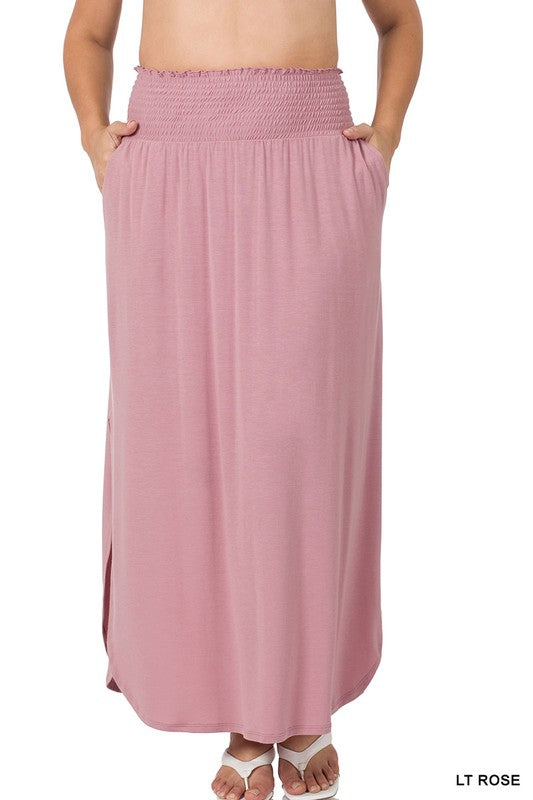 Plus Smocked Waist Side Slit Maxi Skirt w/ Pockets - Zenana