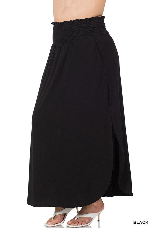 Plus Smocked Waist Side Slit Maxi Skirt w/ Pockets - Zenana