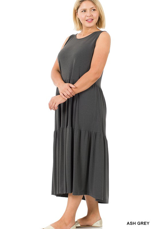 Plus Sleeveless Tiered Midi Dress - Zenana