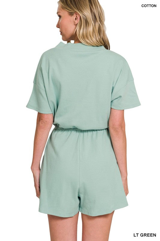 Drop Shoulder V-Neck Romper with Pockets - Zenana