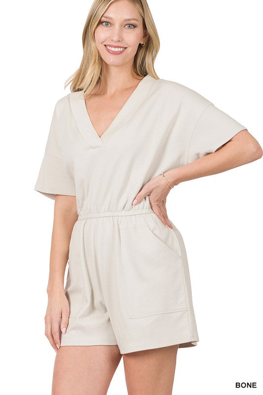 Drop Shoulder V-Neck Romper with Pockets - Zenana